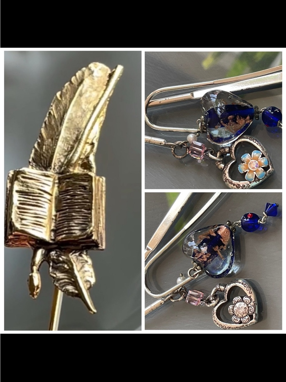 Three Bookmark Set: Gold Feather (Made in France), Flower (Brighton), Heart